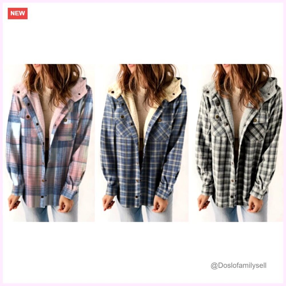 Fleece-Lined Plaid Hooded Shacket, Boyfriend Fit, Button Front & Cuffs - Picture 7 of 7